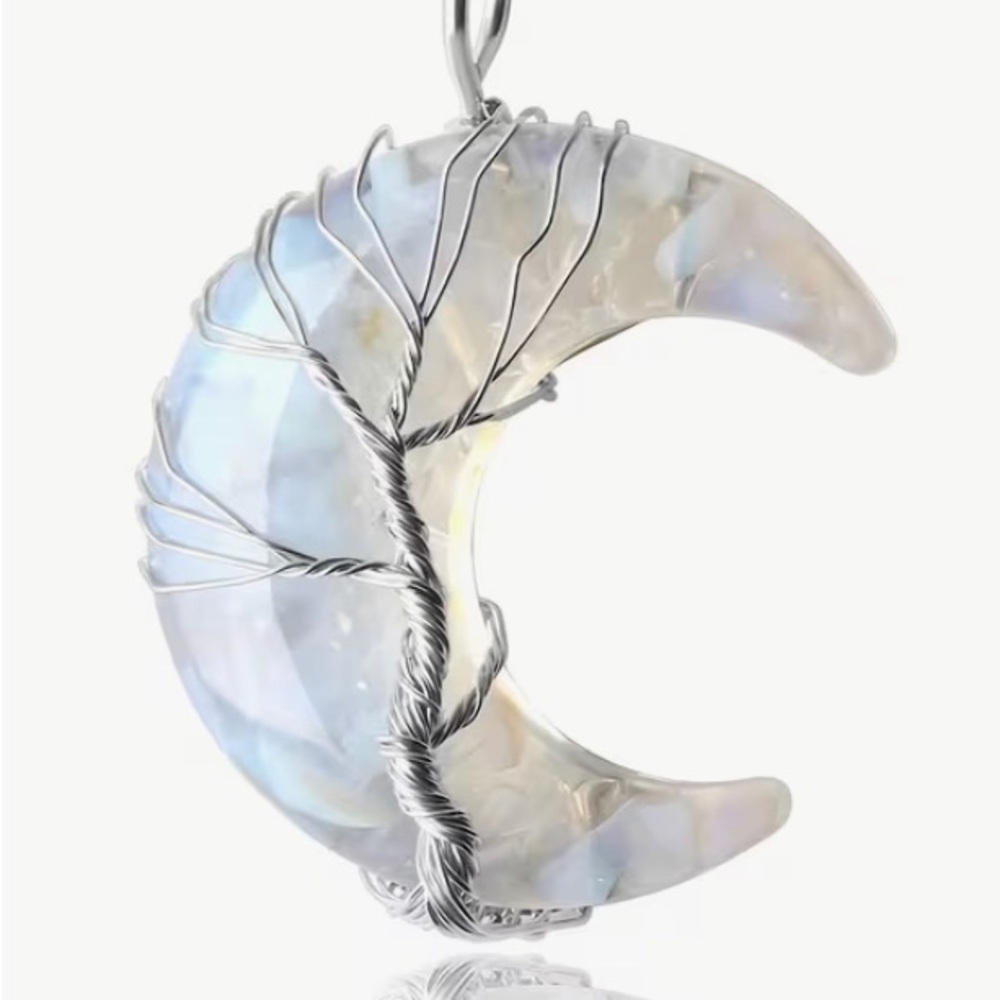 Moon-Shaped Wire Wrapped Opal Chip Pendant Necklace in Iridescent White